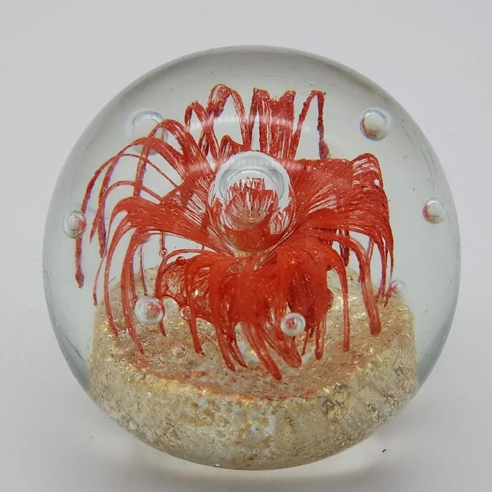 Art Glass Red Flower Sphere Paperweight Aventurine & Controlled Bubbles